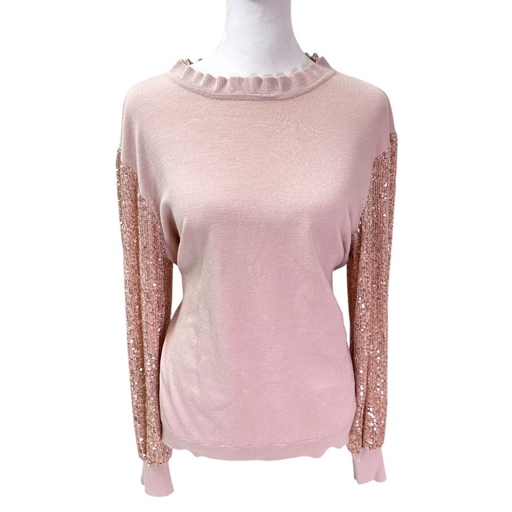 Adrianna Papell Sequin Sleeve Sweater Women Large Pink Rose Gold Glam Holiday